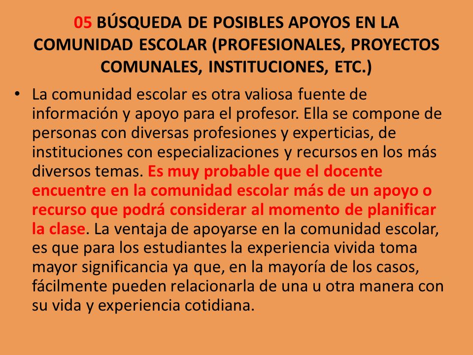 05 BÚSQUEDA DE POSIBLES APOYOS EN LA COMUNIDAD ESCOLAR (PROFESIONALES, PROYECTOS COMUNALES, INSTITUCIONES, ETC.)