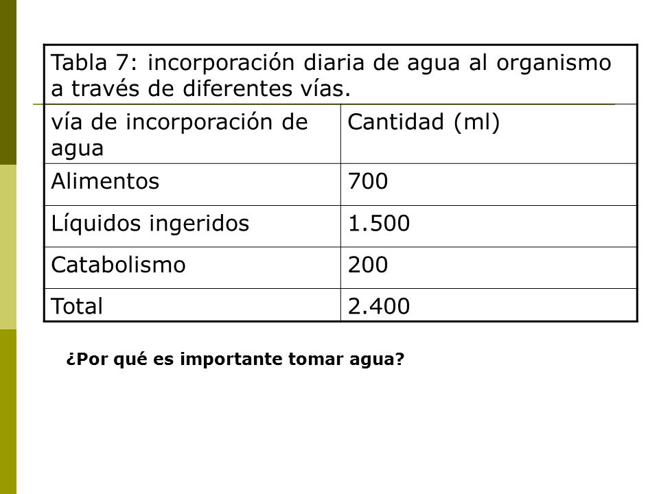 vía de incorporación de agua Cantidad (ml) Alimentos 700