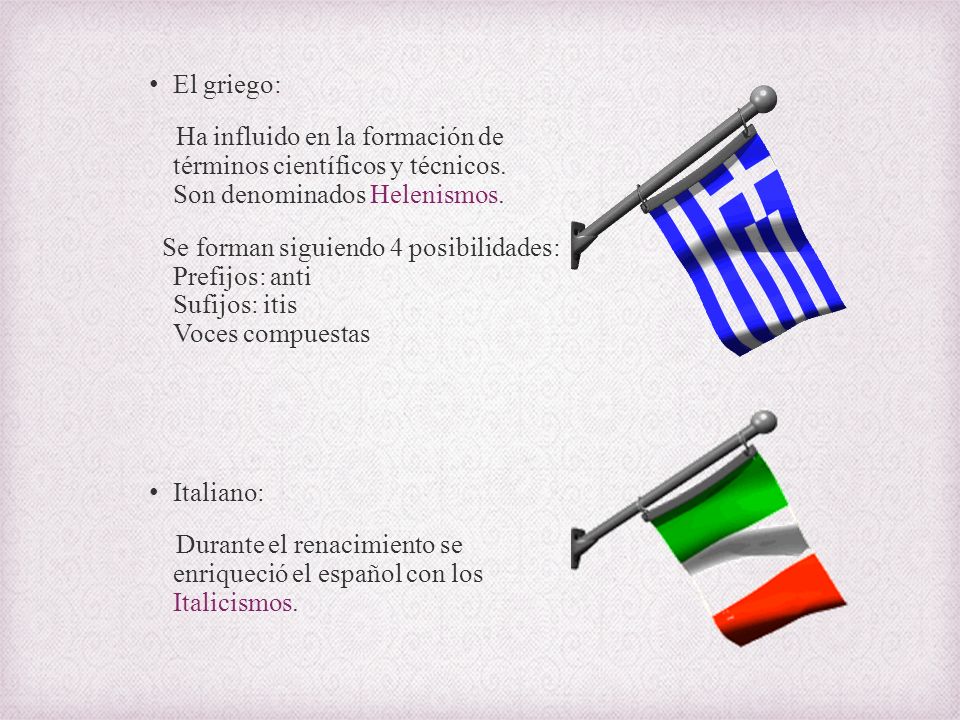 El griego: Ha influido en la formación de términos científicos y técnicos. Son denominados Helenismos.