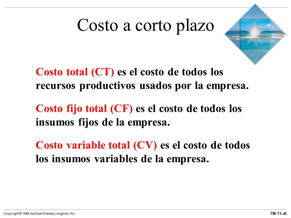 Costo a corto plazo Costo total (CT) es el costo de todos los recursos productivos usados por la empresa.
