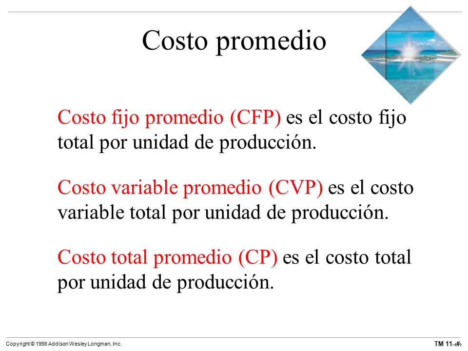 Costo promedio Costo fijo promedio (CFP) es el costo fijo total por unidad de producción.