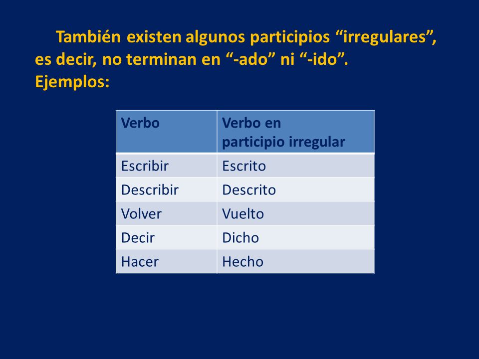 También existen algunos participios irregulares , es decir, no terminan en -ado ni -ido .