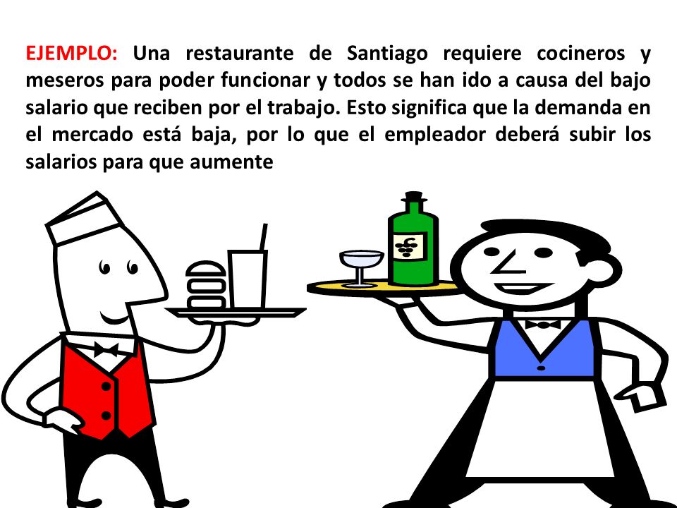 EJEMPLO: Una restaurante de Santiago requiere cocineros y meseros para poder funcionar y todos se han ido a causa del bajo salario que reciben por el trabajo.