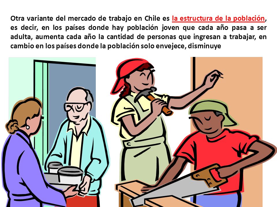 Otra variante del mercado de trabajo en Chile es la estructura de la población, es decir, en los países donde hay población joven que cada año pasa a ser adulta, aumenta cada año la cantidad de personas que ingresan a trabajar, en cambio en los países donde la población solo envejece, disminuye