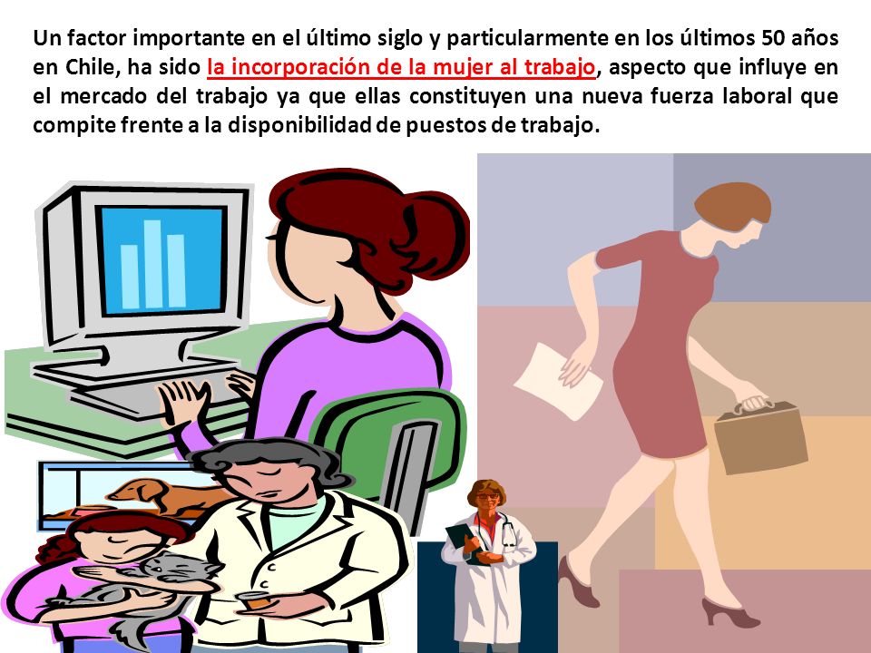 Un factor importante en el último siglo y particularmente en los últimos 50 años en Chile, ha sido la incorporación de la mujer al trabajo, aspecto que influye en el mercado del trabajo ya que ellas constituyen una nueva fuerza laboral que compite frente a la disponibilidad de puestos de trabajo.