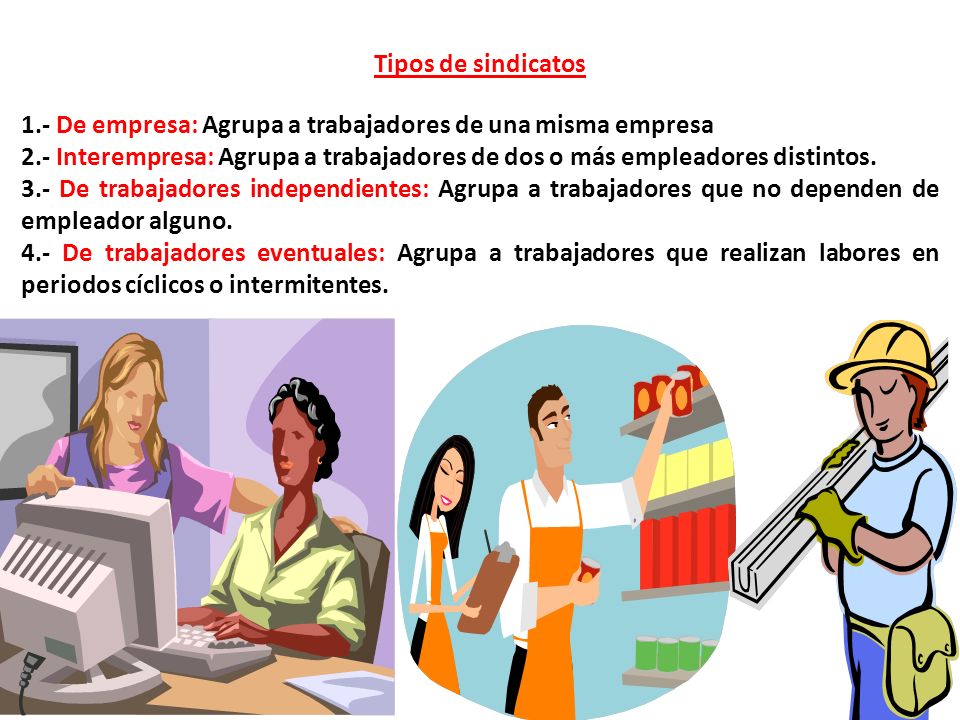 Tipos de sindicatos 1.- De empresa: Agrupa a trabajadores de una misma empresa.