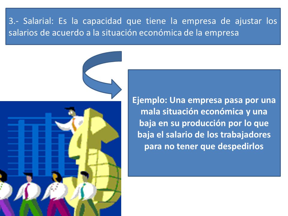 3.- Salarial: Es la capacidad que tiene la empresa de ajustar los salarios de acuerdo a la situación económica de la empresa