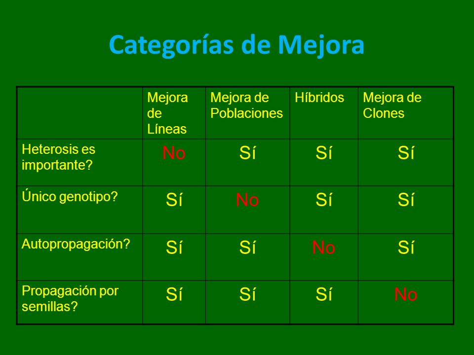 Categorías de Mejora No Sí Mejora de Líneas Mejora de Poblaciones