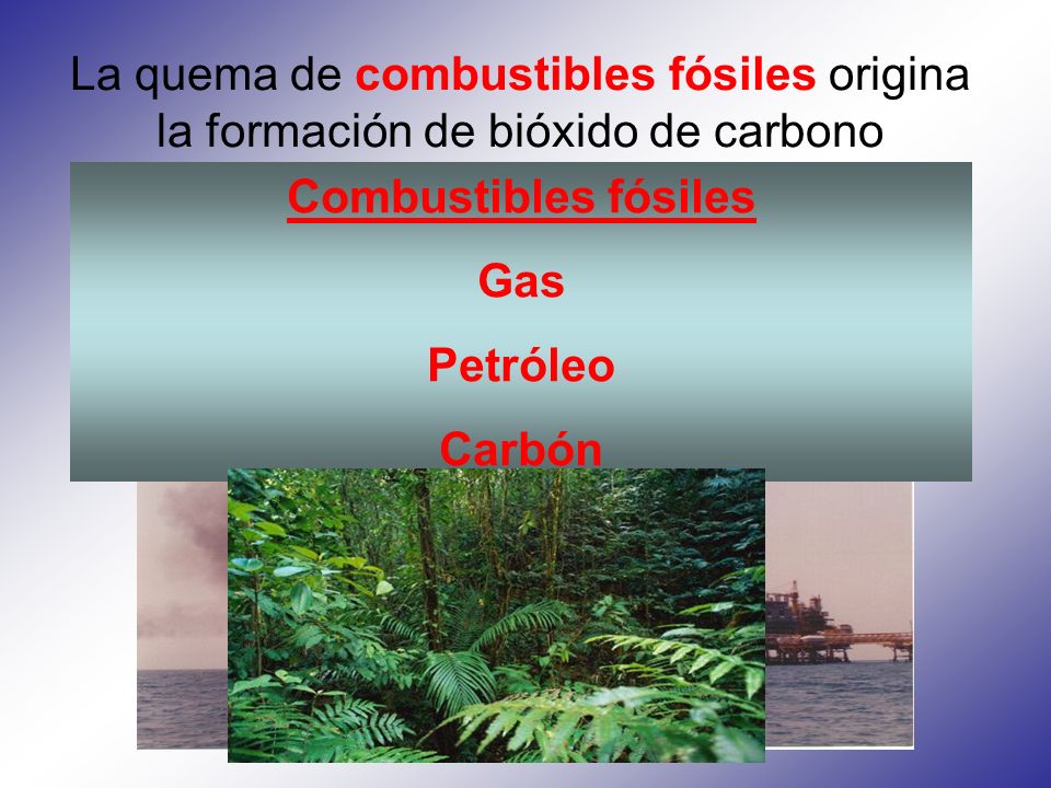 La quema de combustibles fósiles origina la formación de bióxido de carbono Combustible + oxígeno  bíoxido de carbono + agua