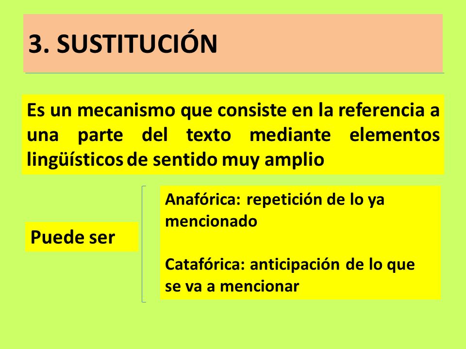 3. SUSTITUCIÓN Es un mecanismo que consiste en la referencia a una parte del texto mediante elementos lingüísticos de sentido muy amplio.