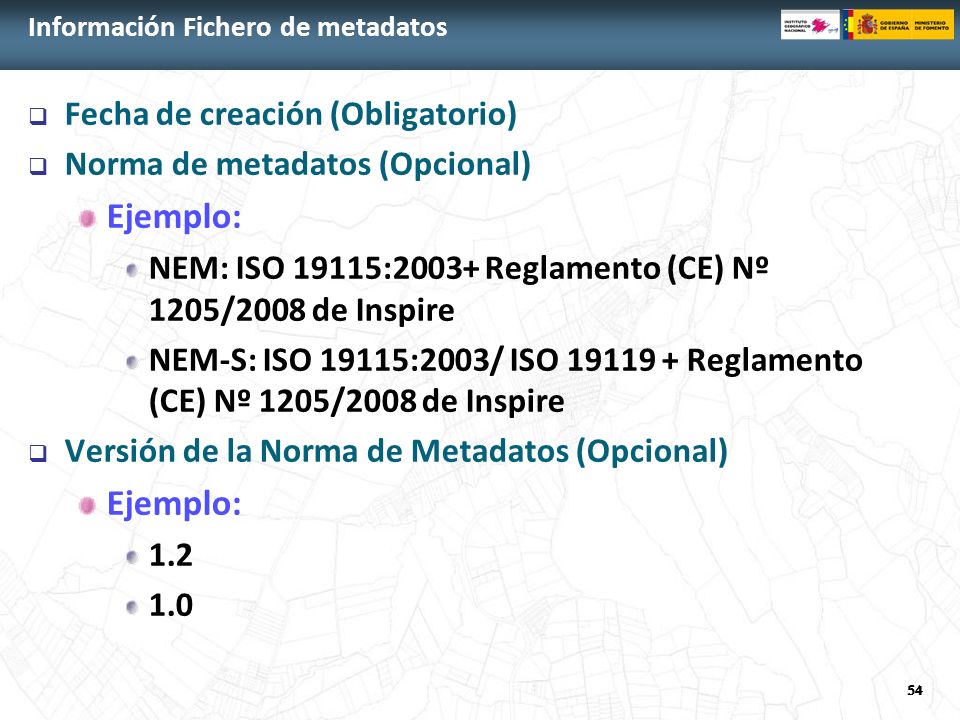 Ejemplo: Fecha de creación (Obligatorio) Norma de metadatos (Opcional)