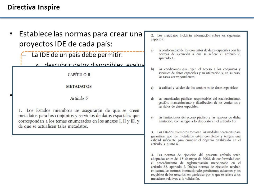 Directiva Inspire Establece las normas para crear una IDE europea, a partir de los proyectos IDE de cada país:
