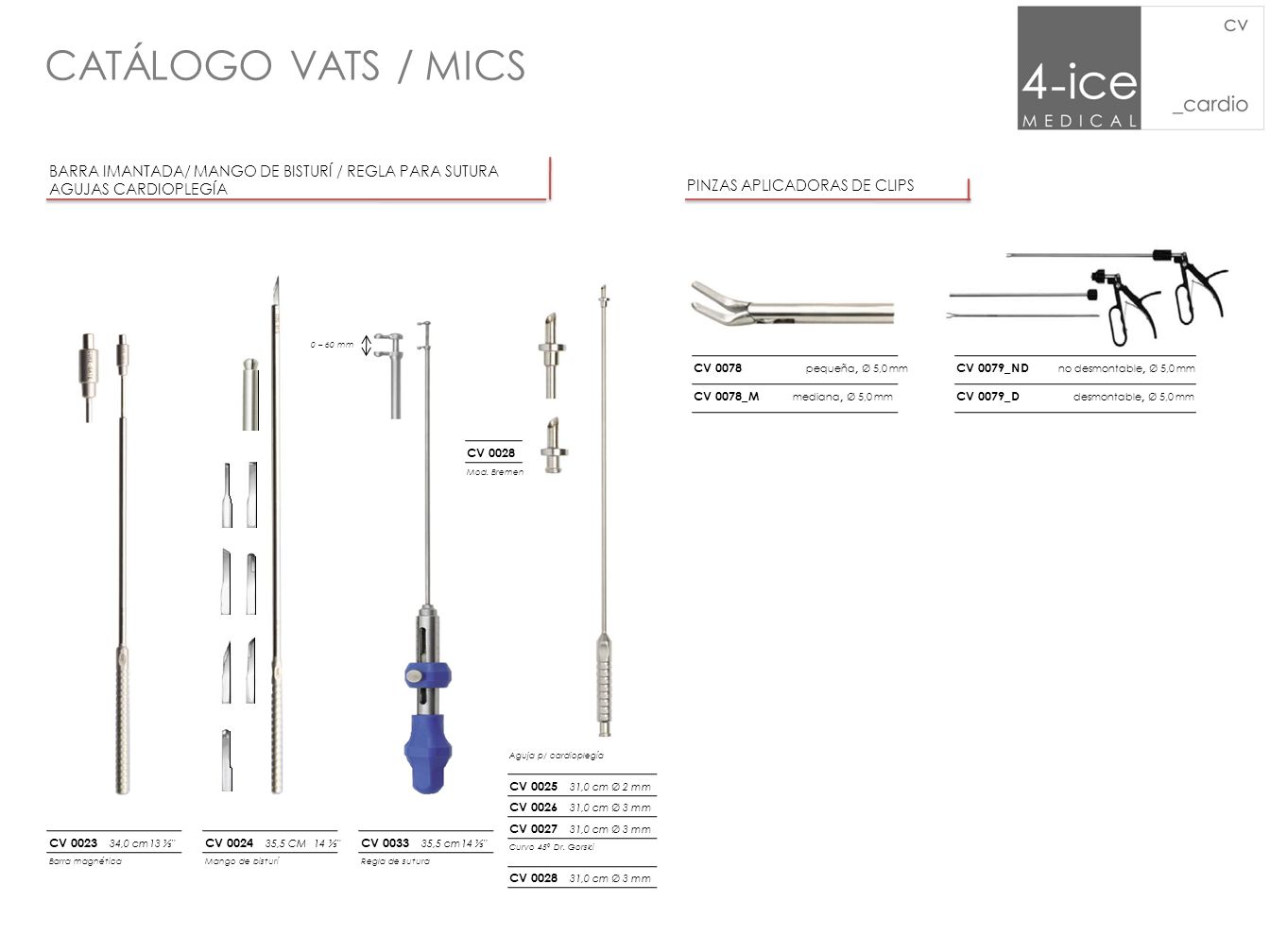 CATÁLOGO VATS / MICS BARRA IMANTADA/ MANGO DE BISTURÍ / REGLA PARA SUTURA. AGUJAS CARDIOPLEGÍA. PINZAS APLICADORAS DE CLIPS.
