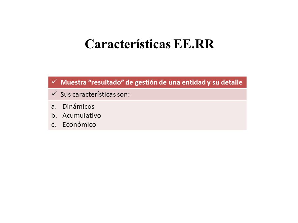 Características EE.RR Muestra resultado de gestión de una entidad y su detalle. Sus características son: