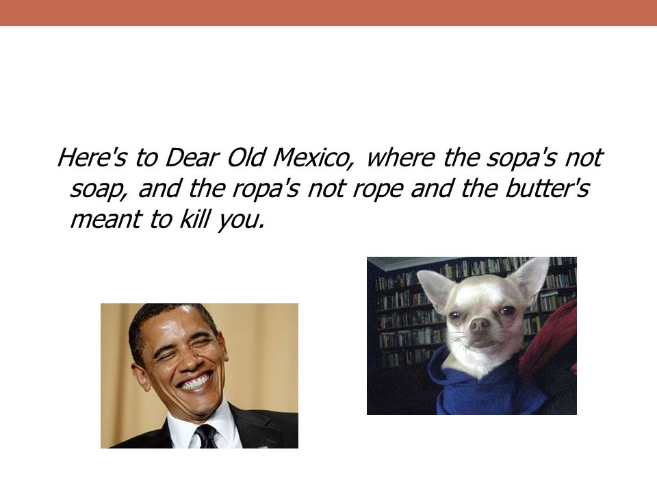 Here s to Dear Old Mexico, where the sopa s not soap, and the ropa s not rope and the butter s meant to kill you.