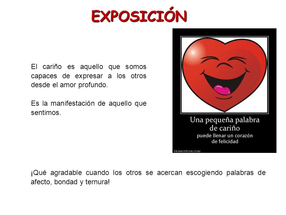EXPOSICIÓN El cariño es aquello que somos capaces de expresar a los otros desde el amor profundo. Es la manifestación de aquello que sentimos.