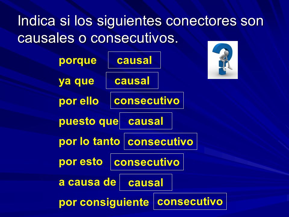 Indica si los siguientes conectores son causales o consecutivos.