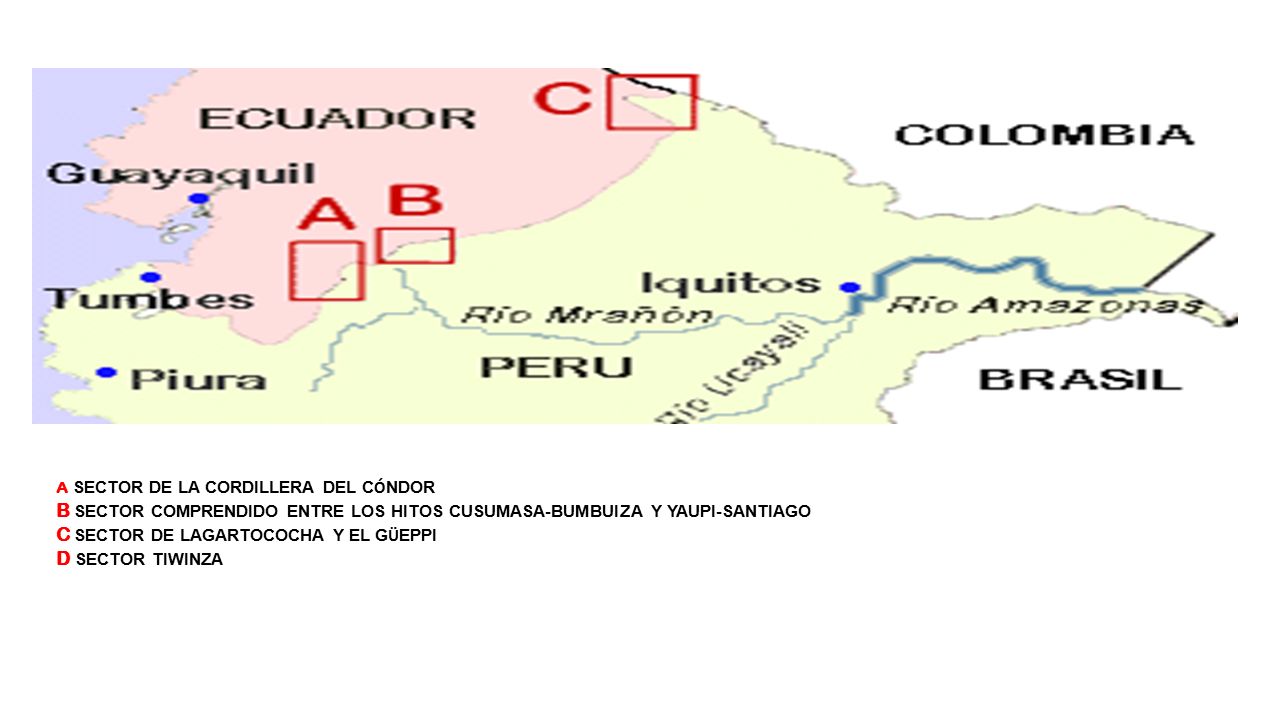 A SECTOR DE LA CORDILLERA DEL CÓNDOR B SECTOR COMPRENDIDO ENTRE LOS HITOS CUSUMASA-BUMBUIZA Y YAUPI-SANTIAGO C SECTOR DE LAGARTOCOCHA Y EL GÜEPPI D SECTOR TIWINZA