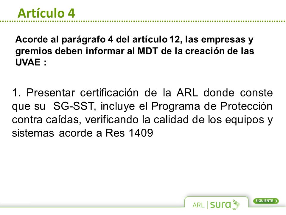 Artículo 4 Acorde al parágrafo 4 del artículo 12, las empresas y gremios deben informar al MDT de la creación de las UVAE :