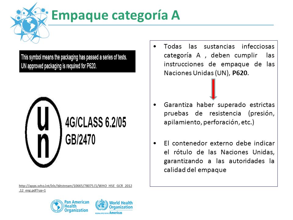Empaque categoría A Todas las sustancias infecciosas categoría A , deben cumplir las instrucciones de empaque de las Naciones Unidas (UN), P620.