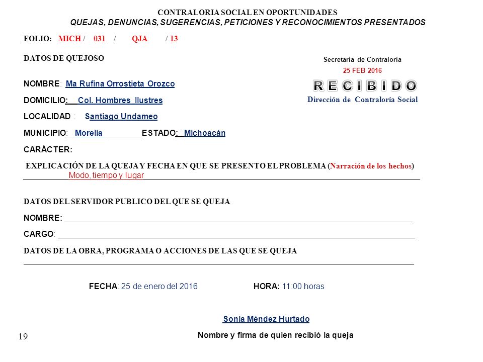 R E C I B I D O CONTRALORIA SOCIAL EN OPORTUNIDADES