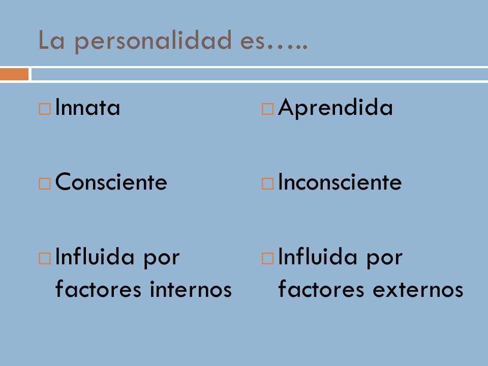 La personalidad es….. Innata Consciente Influida por factores internos