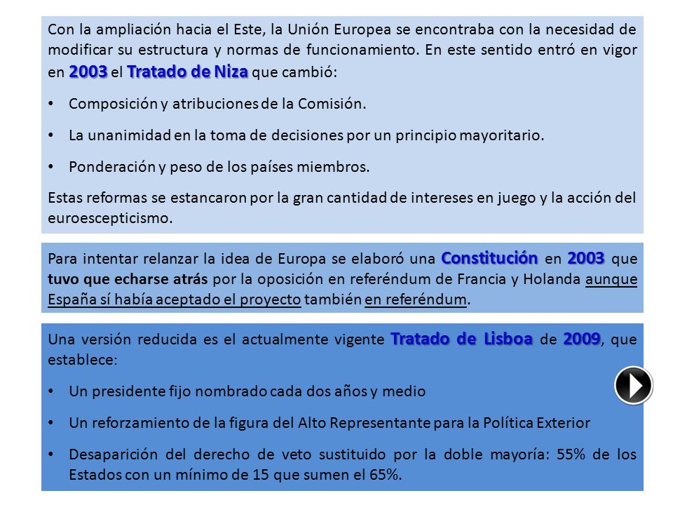 Con la ampliación hacia el Este, la Unión Europea se encontraba con la necesidad de modificar su estructura y normas de funcionamiento. En este sentido entró en vigor en 2003 el Tratado de Niza que cambió:
