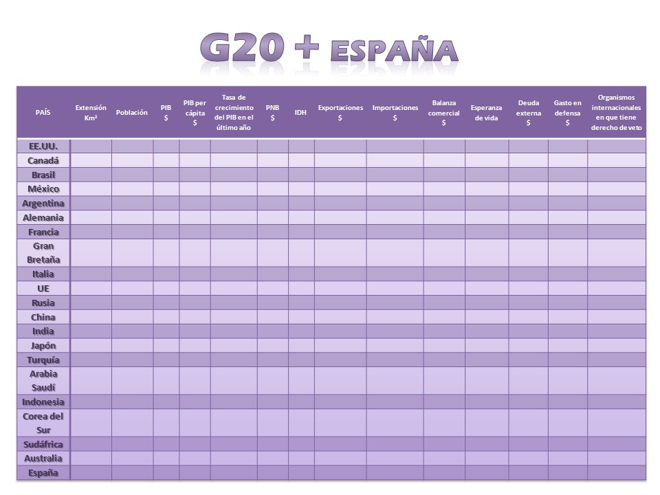 G20 + eSPAÑA EE.UU. Canadá Brasil México Argentina Alemania Francia