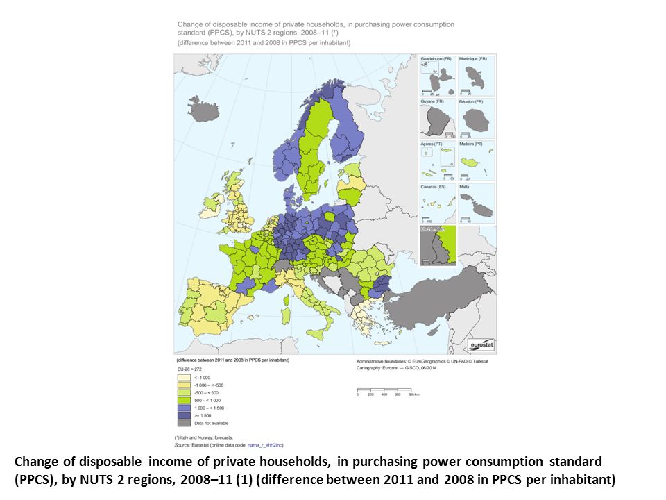 Change of disposable income of private households, in purchasing power consumption standard (PPCS), by NUTS 2 regions, 2008–11 (1) (difference between 2011 and 2008 in PPCS per inhabitant)
