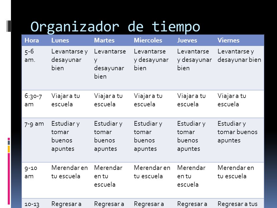 Organizador de tiempo Hora Lunes Martes Miercoles Jueves Viernes