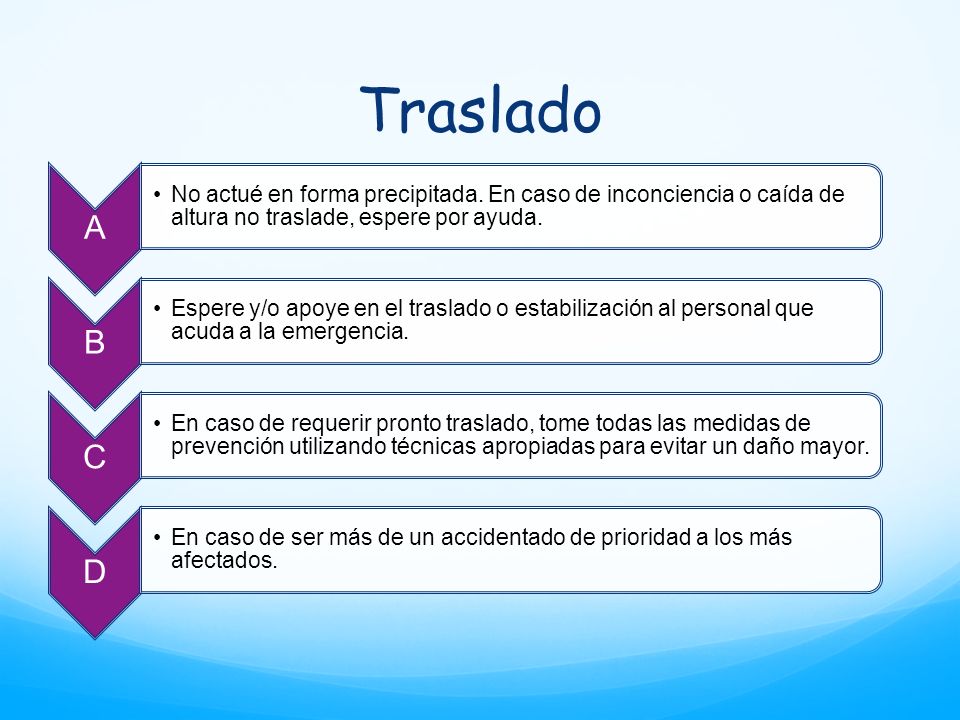 Traslado A. No actué en forma precipitada. En caso de inconciencia o caída de altura no traslade, espere por ayuda.