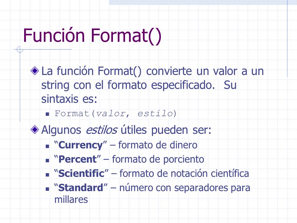 Función Format() La función Format() convierte un valor a un string con el formato especificado. Su sintaxis es: