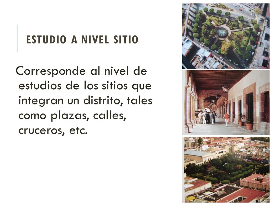 Estudio a Nivel Sitio Corresponde al nivel de estudios de los sitios que integran un distrito, tales como plazas, calles, cruceros, etc.