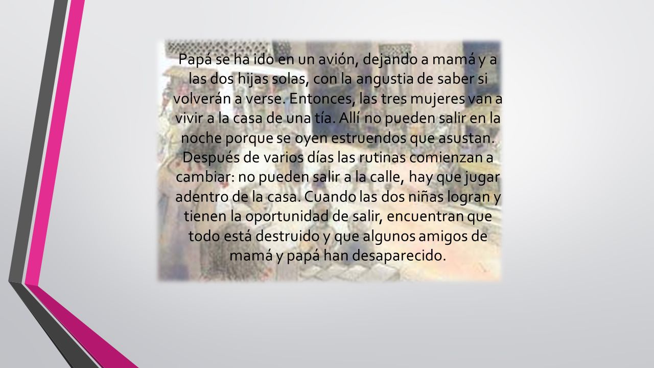 Papá se ha ido en un avión, dejando a mamá y a las dos hijas solas, con la angustia de saber si volverán a verse.