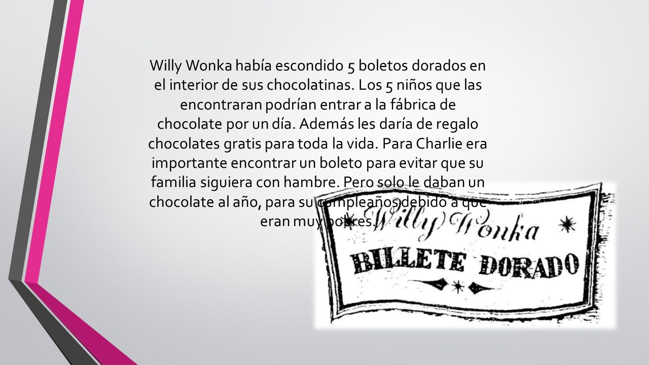 Willy Wonka había escondido 5 boletos dorados en el interior de sus chocolatinas.