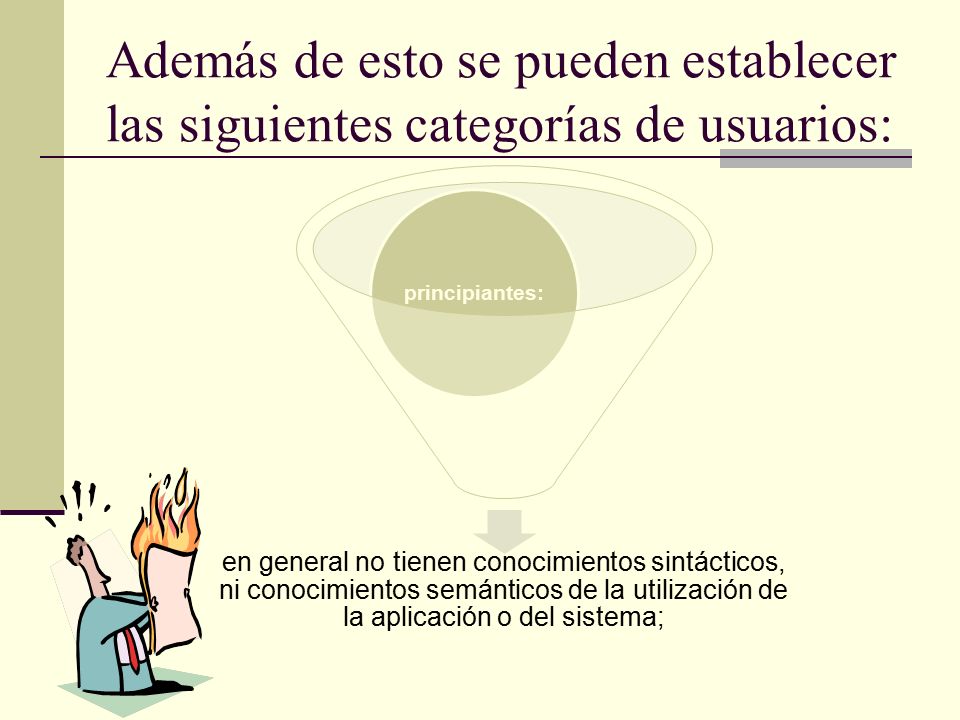 Además de esto se pueden establecer las siguientes categorías de usuarios: