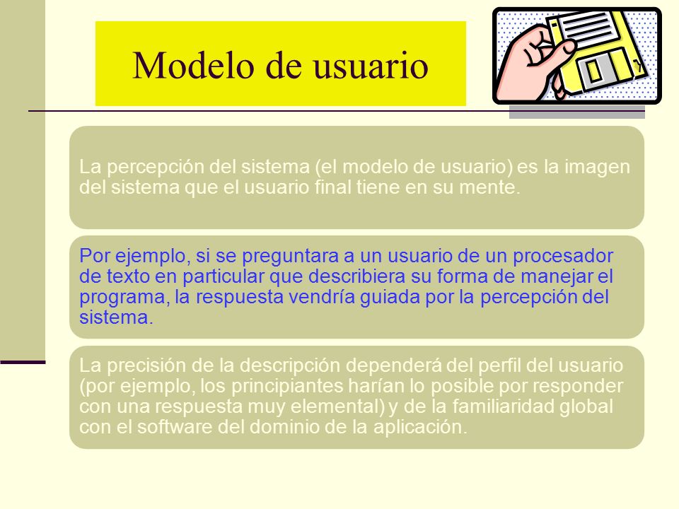 Modelo de usuario La percepción del sistema (el modelo de usuario) es la imagen del sistema que el usuario final tiene en su mente.