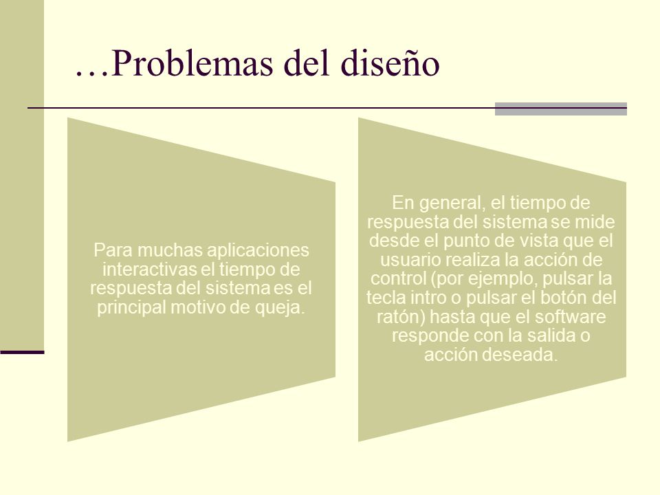 …Problemas del diseño Para muchas aplicaciones interactivas el tiempo de respuesta del sistema es el principal motivo de queja.