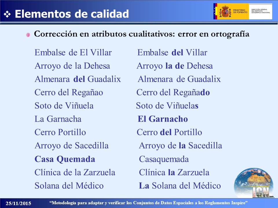 Elementos de calidad Corrección en atributos cualitativos: error en ortografía.