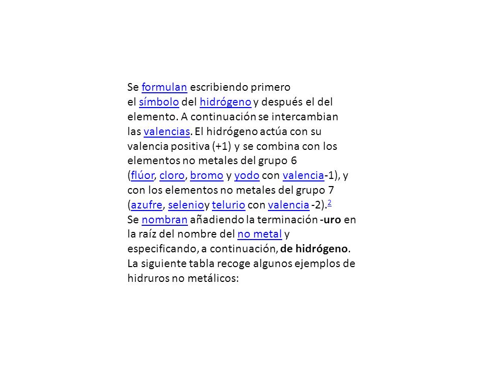 Se formulan escribiendo primero el símbolo del hidrógeno y después el del elemento. A continuación se intercambian las valencias. El hidrógeno actúa con su valencia positiva (+1) y se combina con los elementos no metales del grupo 6 (flúor, cloro, bromo y yodo con valencia-1), y con los elementos no metales del grupo 7 (azufre, selenioy telurio con valencia -2).2