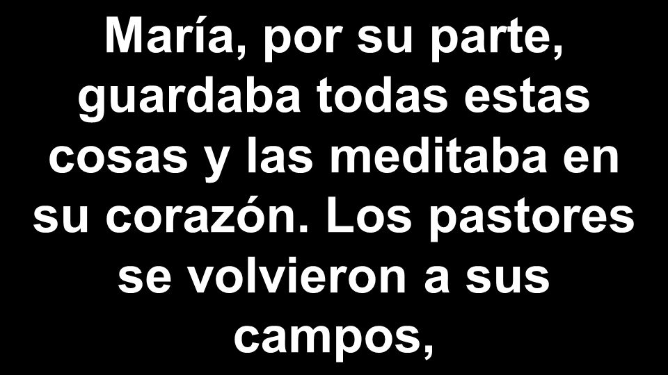 María, por su parte, guardaba todas estas cosas y las meditaba en su corazón. Los pastores se volvieron a sus campos,
