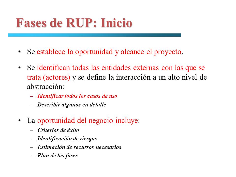 Fases de RUP: Inicio Se establece la oportunidad y alcance el proyecto.
