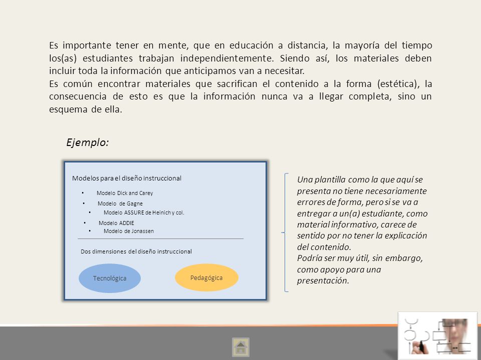 Es importante tener en mente, que en educación a distancia, la mayoría del tiempo los(as) estudiantes trabajan independientemente. Siendo así, los materiales deben incluir toda la información que anticipamos van a necesitar.