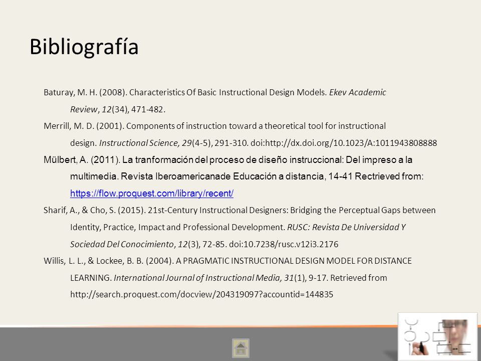 Bibliografía Baturay, M. H. (2008). Characteristics Of Basic Instructional Design Models. Ekev Academic Review, 12(34),