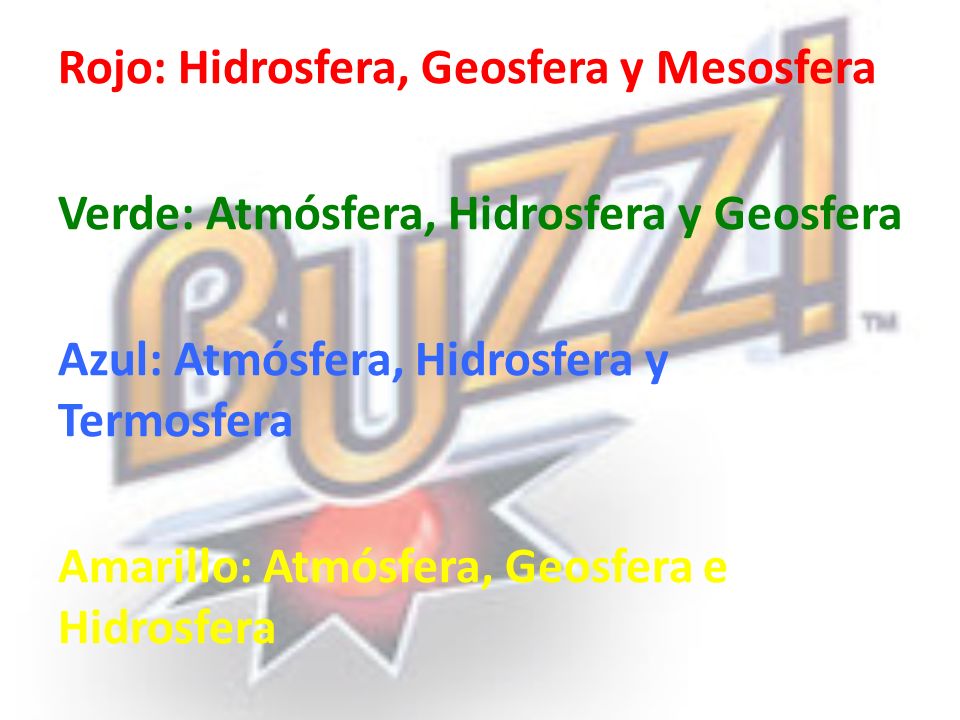 Rojo: Hidrosfera, Geosfera y Mesosfera Verde: Atmósfera, Hidrosfera y Geosfera Azul: Atmósfera, Hidrosfera y Termosfera Amarillo: Atmósfera, Geosfera e Hidrosfera