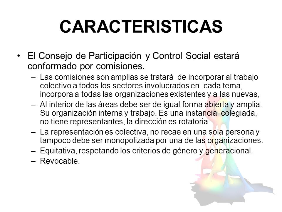 CARACTERISTICAS El Consejo de Participación y Control Social estará conformado por comisiones.