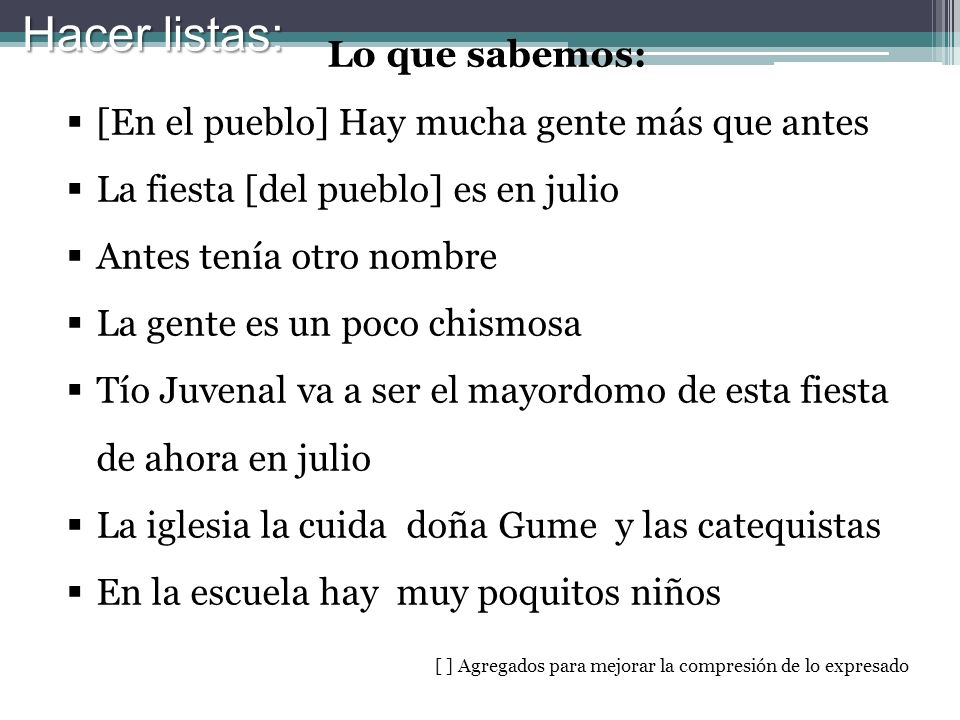 Hacer listas: Lo que sabemos: