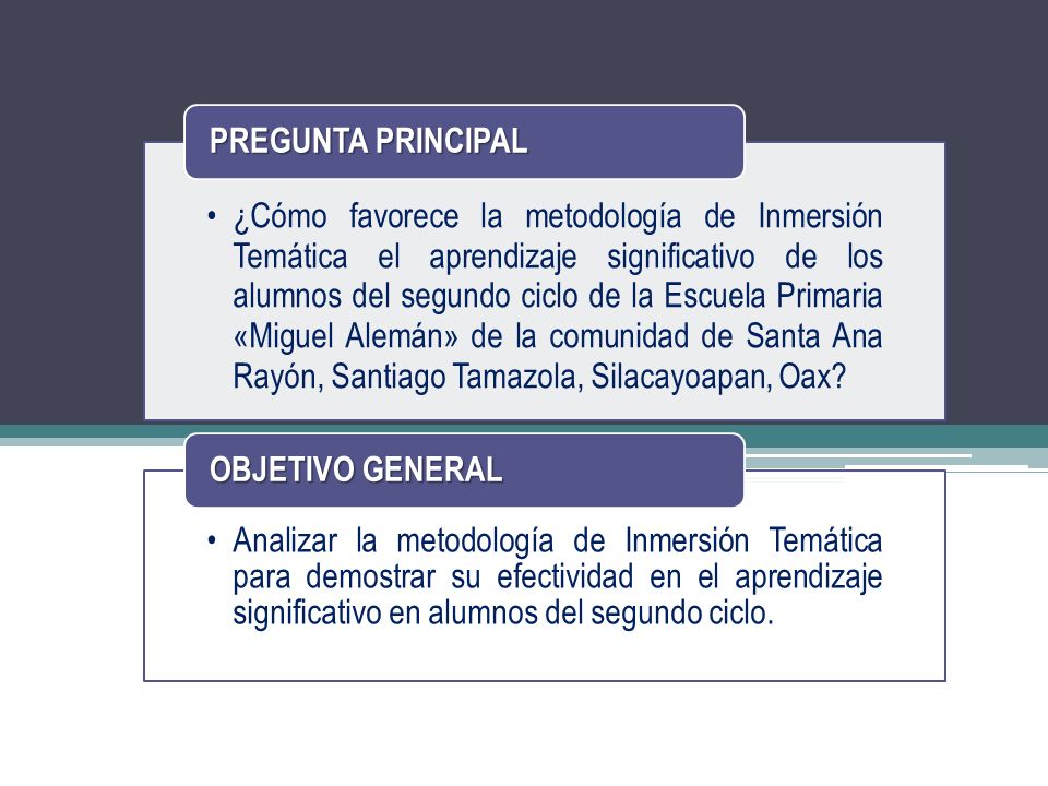 ¿Cómo favorece la metodología de Inmersión Temática el aprendizaje significativo de los alumnos del segundo ciclo de la Escuela Primaria «Miguel Alemán» de la comunidad de Santa Ana Rayón, Santiago Tamazola, Silacayoapan, Oax