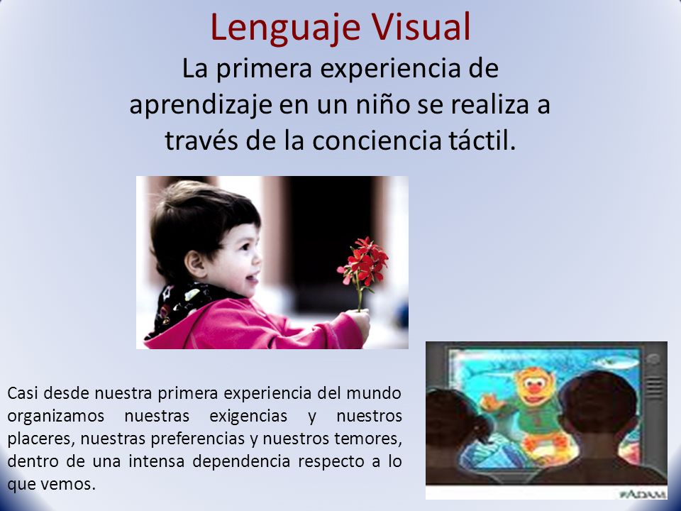 Lenguaje Visual La primera experiencia de aprendizaje en un niño se realiza a través de la conciencia táctil.