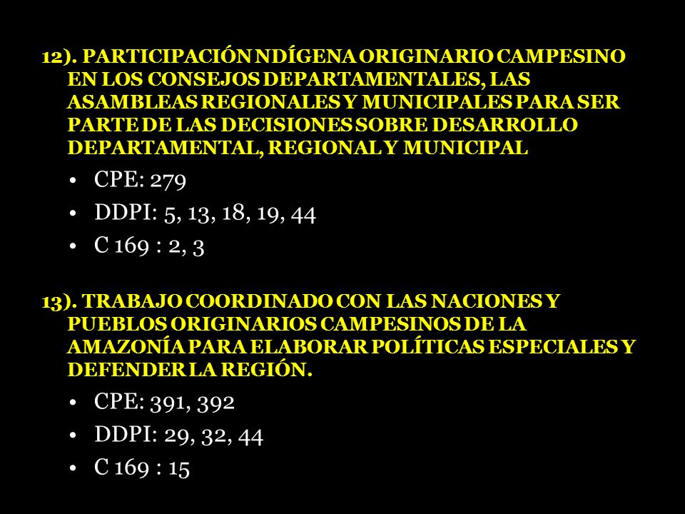 12). PARTICIPACIÓN NDÍGENA ORIGINARIO CAMPESINO EN LOS CONSEJOS DEPARTAMENTALES, LAS ASAMBLEAS REGIONALES Y MUNICIPALES PARA SER PARTE DE LAS DECISIONES SOBRE DESARROLLO DEPARTAMENTAL, REGIONAL Y MUNICIPAL
